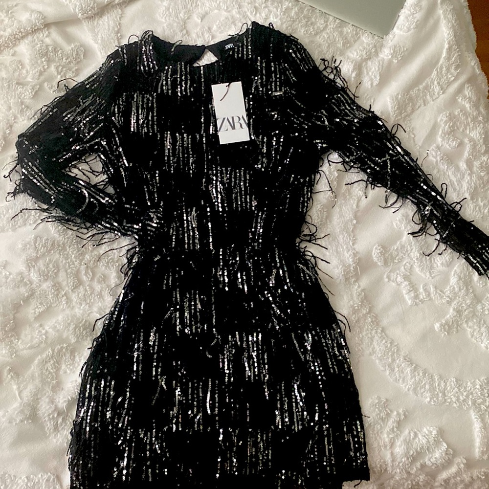 NWT Zara black sequin/tassel dress. Size M.